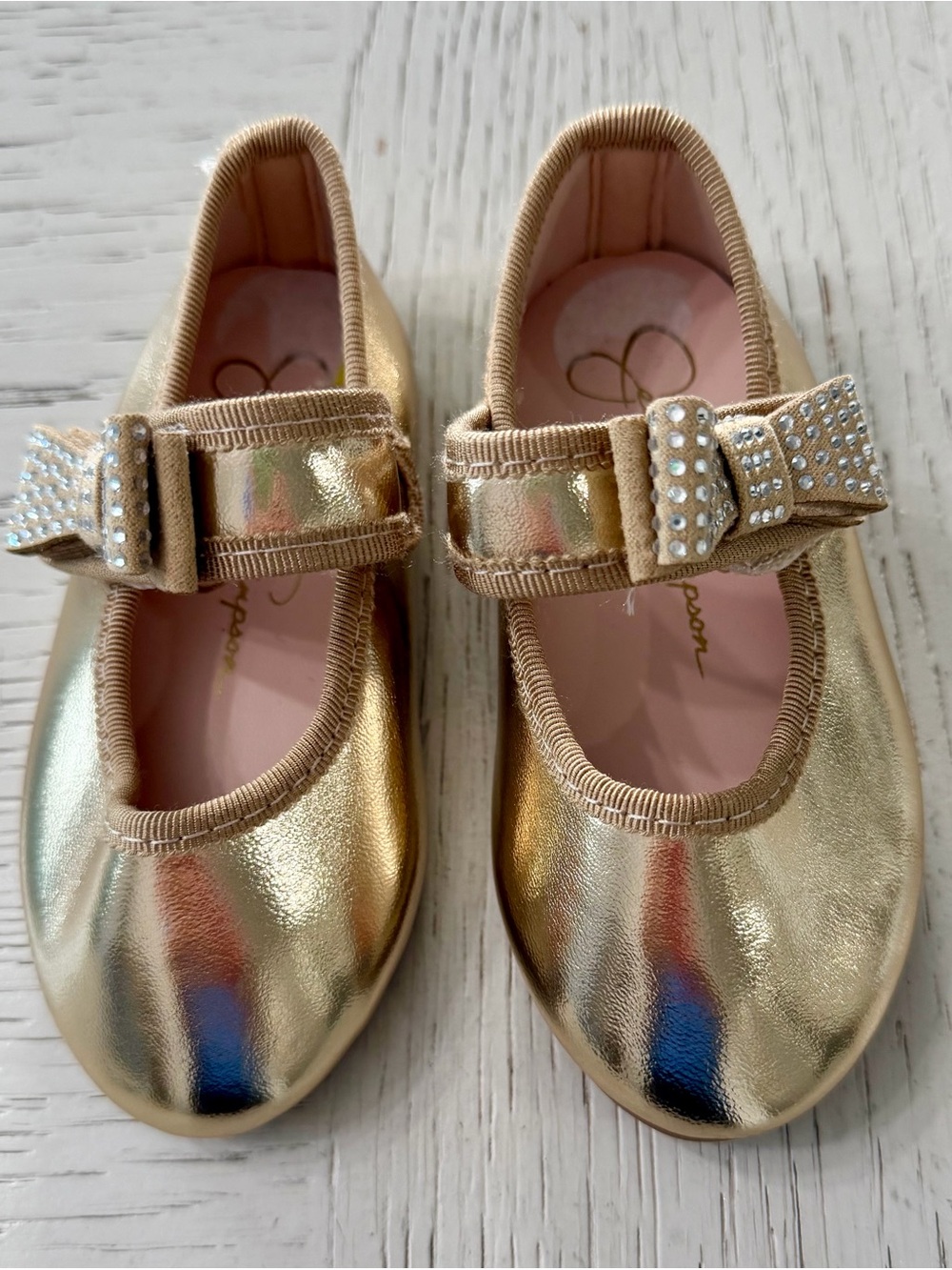 Jessica Simpson Gold Mary Jane Slip-on Faux Patent Dress Shoes Rhinestone Bow 5